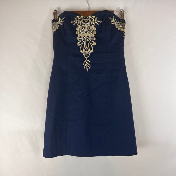 Lilly Pulitzer Women's Dress Size 0 Demi True Navy Gold Embroidered - Picture 2 of 7